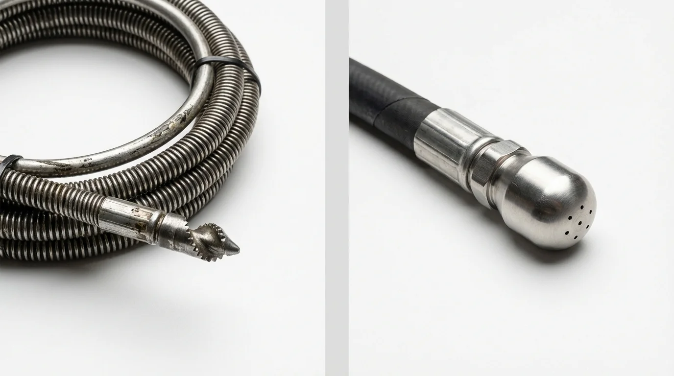 Drain snake cable and hydro jetting nozzle used for drain cleaning in Waterflow, NM