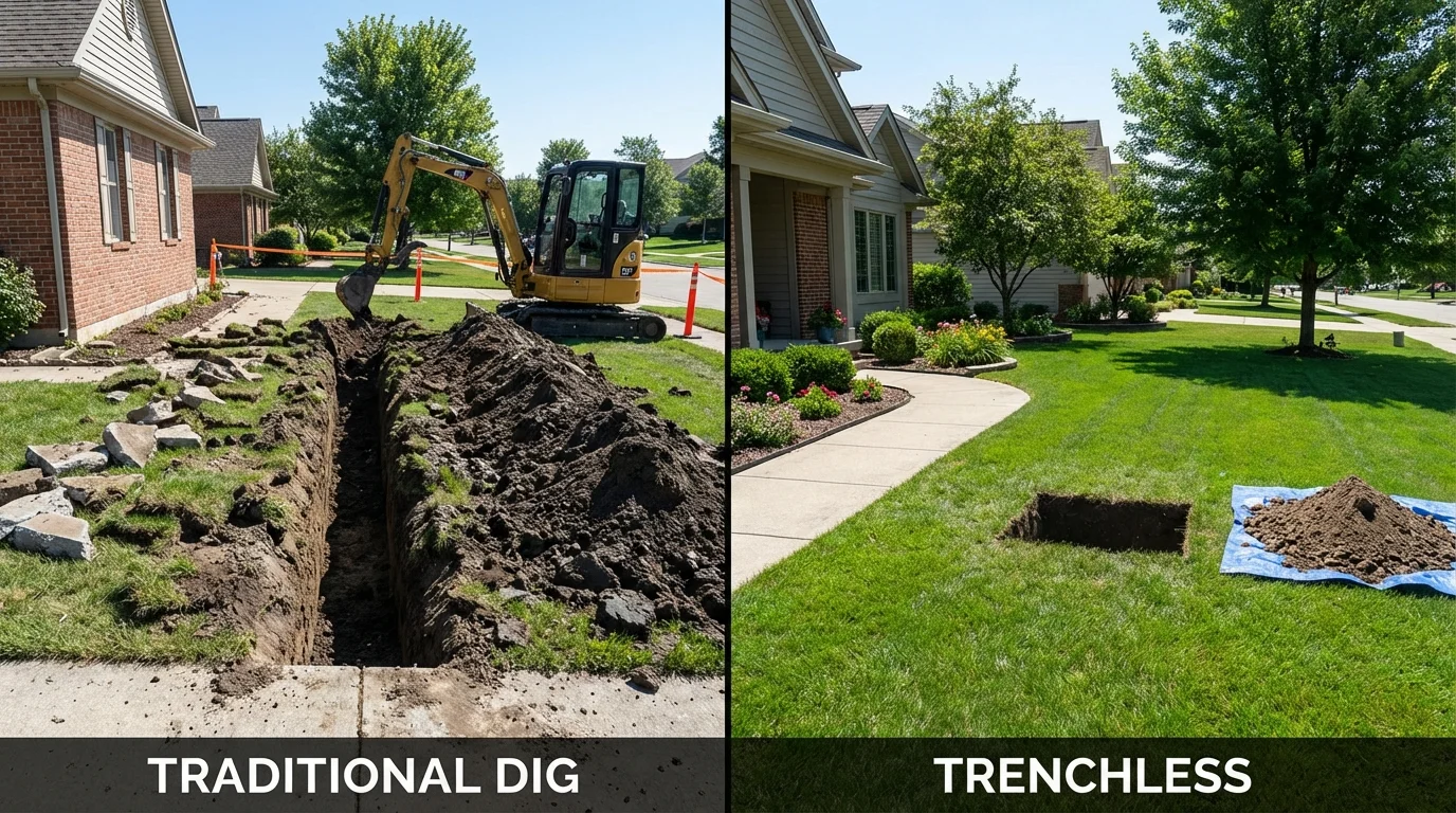 Trenchless sewer repair with minimal yard damage versus traditional excavation in Waterflow, NM