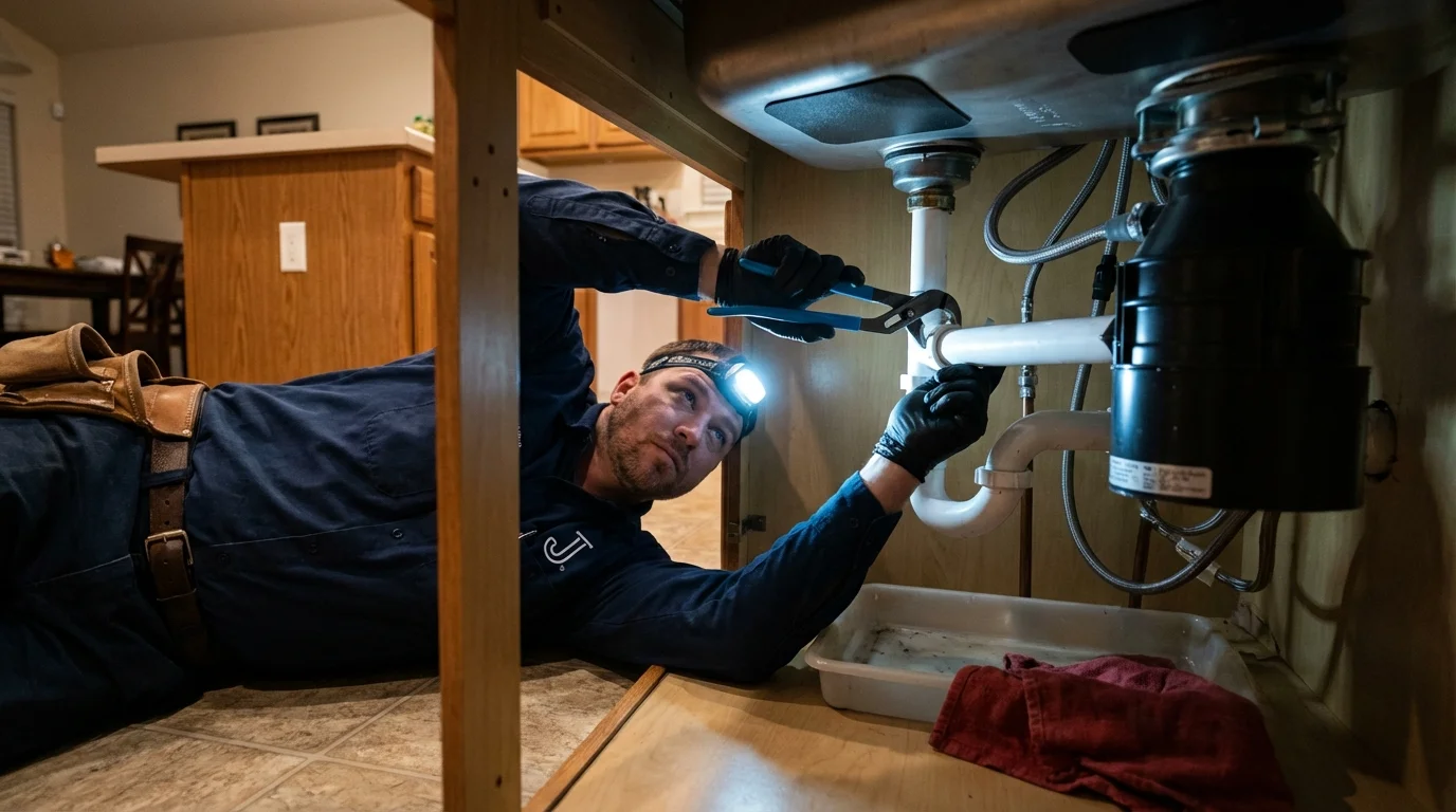 P-trap and supply line connections under a kitchen sink showing a common leak point in Waterflow, NM